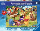 A colorful 60-piece floor puzzle featuring characters from Disney's Winnie the Pooh. The scene shows Pooh, Tigger, Piglet, and other friends celebrating with balloons, flags, and a festive atmosphere. Ideal for young children aged 4 and up, this Ravensburger puzzle promotes cognitive skills and interactive play.