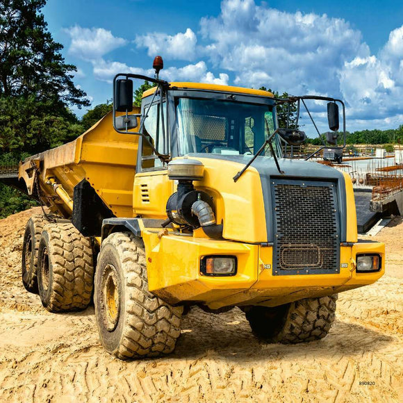A vibrant and detailed jigsaw puzzle titled 'Diggers at Work' featuring three 49-piece images of heavy construction vehicles like dump trucks and excavators, made by Ravensburger. The puzzle is designed for both children and adults, offering an engaging challenge that promotes fine motor skills and cognitive development.