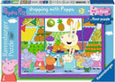 MFP Peppa Pig Shopping 16-piece floor jigsaw puzzle by Ravensburger featuring colorful characters from the Peppa Pig series at a vibrant market. Includes large, chunky pieces suitable for young children aged 2 and up.