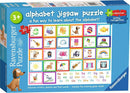 Ravensburger MFP Alphabet 30 pc Puzzle box showcasing colorful illustrations of letters A to Z with corresponding images. Ideal for children ages 3 and up to learn phonics and letter recognition through engaging visuals. The background features a cheerful design with a dog character and educational elements.