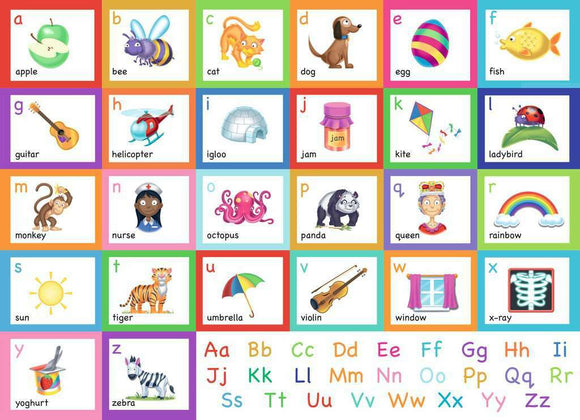 Ravensburger MFP Alphabet 30 pc Puzzle featuring vibrant illustrations of letters from A to Z, with matching images like apple, bee, cat, and more, aimed at enhancing letter recognition and fine motor skills for children.