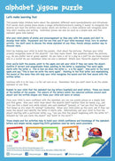 MFP Alphabet 30 pc Puzzle by Ravensburger featuring colorful jigsaw pieces that represent letters of the alphabet along with associated objects like apple, bee, cat, and dog. Each piece presents a letter with a fun illustration to help children learn through play, boosting letter recognition and word associations.