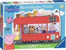 Peppa Pig London Bus Giant Floor Puzzle by Ravensburger featuring a vibrant red double-decker bus filled with various Peppa Pig characters. The puzzle has 24 large, easy-to-handle pieces suitable for young children aged 3 and up. The box displays cheerful illustrations including 'Tower Bridge' signage, inviting kids to engage in fun and imaginative play while developing their fine motor skills.