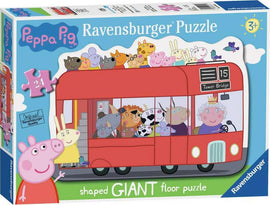 Peppa Pig London Bus Giant Floor Puzzle by Ravensburger featuring a vibrant red double-decker bus filled with various Peppa Pig characters. The puzzle has 24 large, easy-to-handle pieces suitable for young children aged 3 and up. The box displays cheerful illustrations including 'Tower Bridge' signage, inviting kids to engage in fun and imaginative play while developing their fine motor skills.