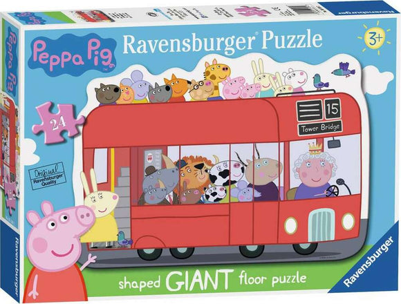 Peppa Pig London Bus Giant Floor Puzzle by Ravensburger featuring a vibrant red double-decker bus filled with various Peppa Pig characters. The puzzle has 24 large, easy-to-handle pieces suitable for young children aged 3 and up. The box displays cheerful illustrations including 'Tower Bridge' signage, inviting kids to engage in fun and imaginative play while developing their fine motor skills.