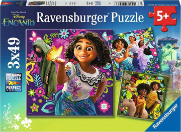 Ravensburger Encanto jigsaw puzzle featuring vibrant illustrations from the Disney movie. Depicts characters like Mirabel, Isabela, and the family Madrigal, set against colorful backgrounds. Designed for ages 5 and up, with 3 separate 49-piece puzzles.