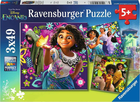 Ravensburger Encanto jigsaw puzzle featuring vibrant illustrations from the Disney movie. Depicts characters like Mirabel, Isabela, and the family Madrigal, set against colorful backgrounds. Designed for ages 5 and up, with 3 separate 49-piece puzzles.