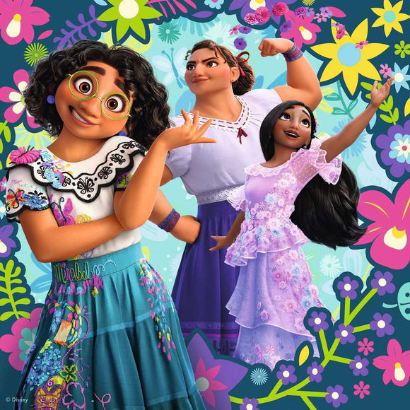 Encanto 3x49 piece jigsaw puzzle featuring vibrant characters and floral designs from Disney's Encanto. Perfect for family fun and engaging play time.