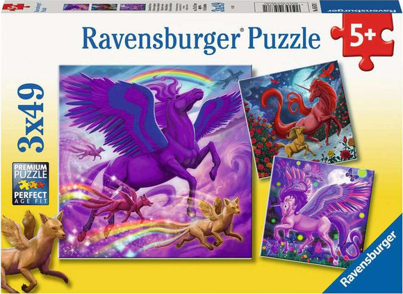 Mythical Majesty 3x49 pc Jigsaw Puzzle by Ravensburger featuring vibrant illustrations of mythical creatures like unicorns and winged horses. The puzzle showcases colorful images perfect for kids aged 5 and up, with a premium quality design for an enjoyable assembling experience.