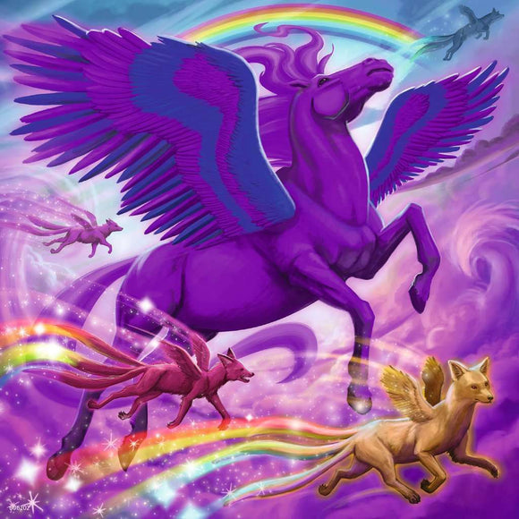 A colorful jigsaw puzzle featuring a majestic purple winged horse soaring through a vibrant sky with rainbows. Accompanying the horse are fantastical creatures, including a pink fox with wings and a golden winged animal, all amidst a magical backdrop of clouds and sparkling stars.