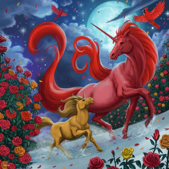 A vibrant jigsaw puzzle featuring a magical scene with two unicorns—a striking red unicorn and a golden one—galloping through a field of flowers under a night sky illuminated by a full moon. Bright red cardinals can be seen flying overhead amid a backdrop of dark clouds and colorful rose bushes, creating a whimsical and enchanting atmosphere.