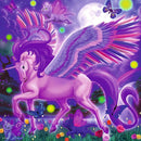 A vibrant jigsaw puzzle featuring a whimsical scene with a majestic purple unicorn with rainbow wings in a fantasy setting. The background depicts a magical night sky with a full moon, surrounded by colorful butterflies and playful kittens amidst blooming roses and glowing orbs of light.