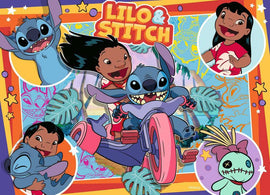 Ravensburger Stitch 4x100 pc Jigsaw Puzzle featuring characters from Lilo & Stitch. The vibrant image showcases Stitch and Lilo in fun, playful scenes on a colorful background, perfect for family puzzle time.