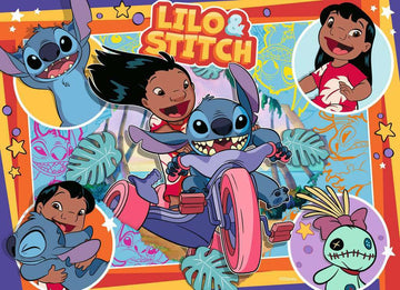 Ravensburger Stitch 4x100 pc Jigsaw Puzzle featuring characters from Lilo & Stitch. The vibrant image showcases Stitch and Lilo in fun, playful scenes on a colorful background, perfect for family puzzle time.