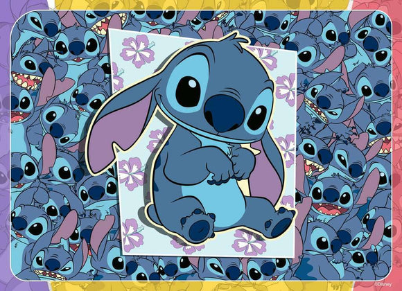 A colorful 4x100 piece jigsaw puzzle featuring Stitch from Disney's Lilo & Stitch. The central image showcases Stitch sitting cutely amidst a playful background of various expressions of the character, surrounded by purple flowers. Perfect for puzzle enthusiasts and Disney fans.