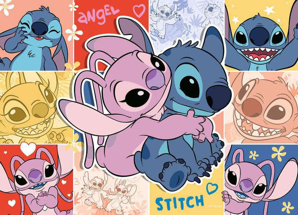 Ravensburger Stitch 4x100 pc puzzle featuring colorful cartoon characters Stitch and Angel. The design showcases various expressive images of the characters, surrounded by cheerful backgrounds and playful elements, inviting fun and creativity.