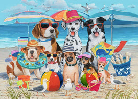 A colorful 35-piece jigsaw puzzle depicting a cheerful group of dogs at the beach. The dogs wear sunglasses and hats, surrounded by beach toys, umbrellas, and playful seabirds, creating a fun summer scene.