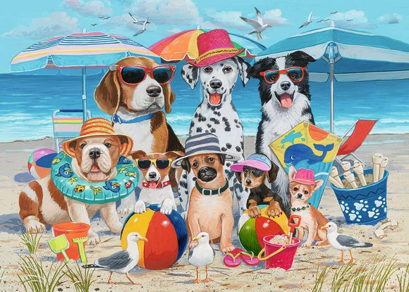 A colorful 35-piece jigsaw puzzle depicting a cheerful group of dogs at the beach. The dogs wear sunglasses and hats, surrounded by beach toys, umbrellas, and playful seabirds, creating a fun summer scene.