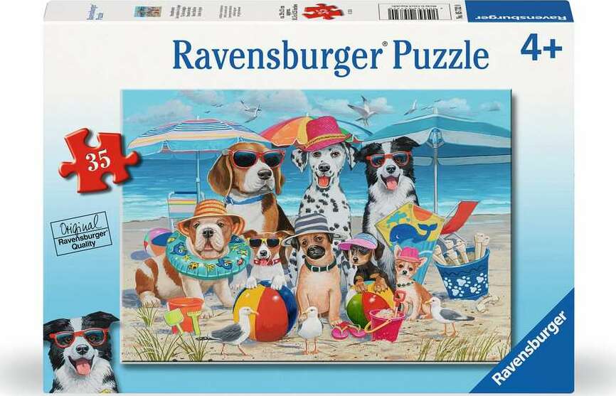 A Ravensburger 35-piece jigsaw puzzle featuring a cheerful beach scene with various dogs wearing sunglasses and summer hats. They are surrounded by beach balls, umbrellas, and seagulls, evoking a fun and playful atmosphere perfect for puzzle enthusiasts aged 4 and above.