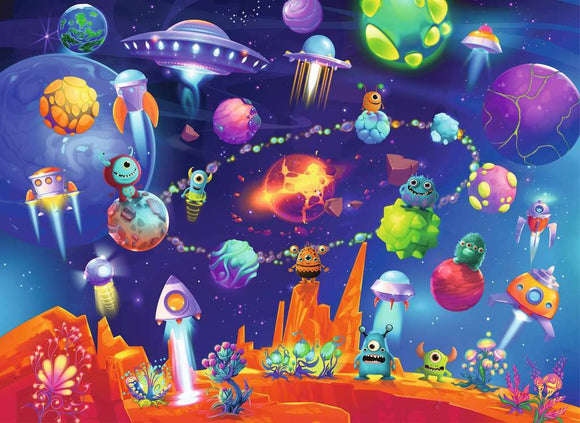Colorful 60-piece jigsaw puzzle featuring playful space aliens, vibrant planets, and whimsical spaceships. A cheerful scene portraying an imaginative outer space adventure.