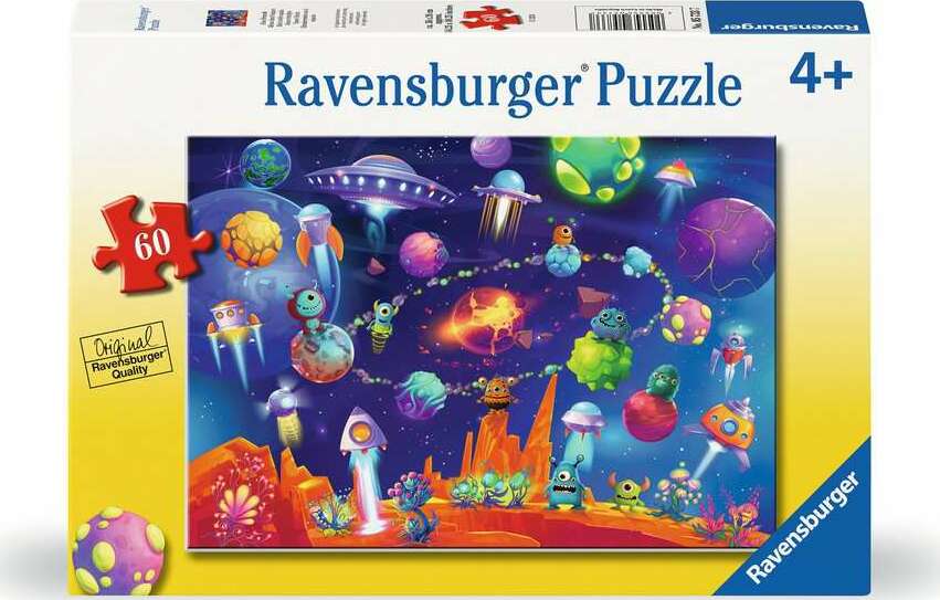 Ravensburger Space Aliens 60-piece jigsaw puzzle featuring colorful cartoon aliens, planets, and spaceships set against a vibrant cosmic background. Designed for ages 4 and up.