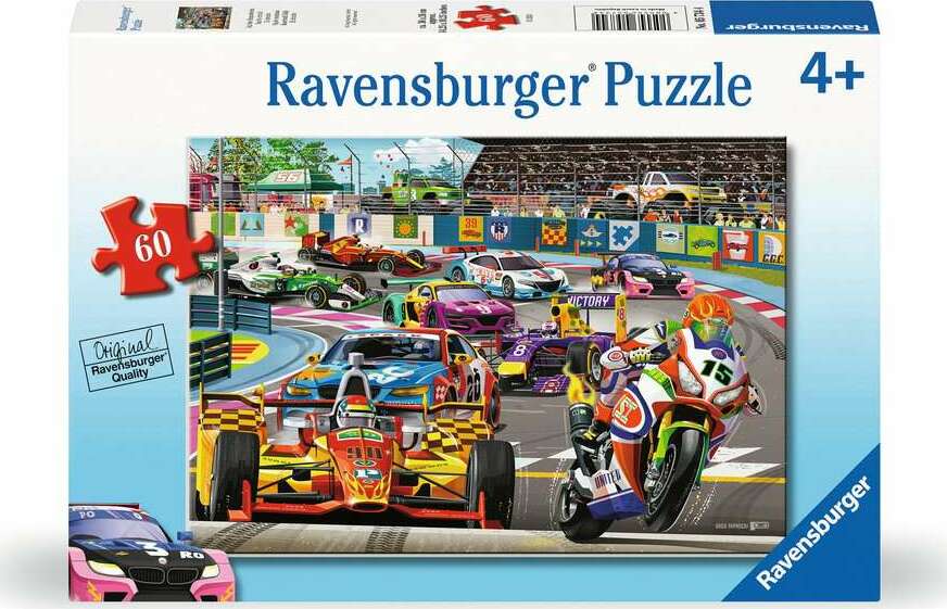 Ravensburger Racetrack Rally 60-piece jigsaw puzzle. The image features colorful racing cars competing on a vibrant racetrack, surrounded by spectators and various racing flags. Ideal for children aged 4 and up, this puzzle promotes fun and learning through play.