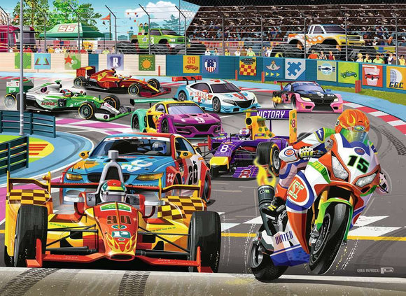 A vibrant jigsaw puzzle featuring a racetrack scene with various colorful race cars competing. The illustration captures the excitement of racing, showcasing vehicles in action, a cheering crowd in the stands, and banners around the track, creating a fun and engaging atmosphere.