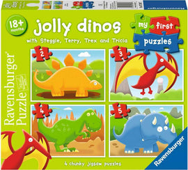 MFP Jolly Dinos jigsaw puzzle set by Ravensburger featuring four colorful chunky dinosaur puzzles suitable for children aged 18 months and older. The design includes characters such as Steggie, Terry, Trex, and Tricia in vibrant scenes, encouraging early learning and development.