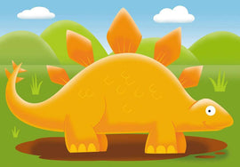 MFP Jolly Dinos Jigsaw Puzzle by Ravensburger featuring colorful cartoon dinosaurs in a vibrant landscape. The illustration shows a friendly yellow stegosaurus in a playful setting with green hills and blue skies. Ideal for young children to develop problem-solving skills and creativity.