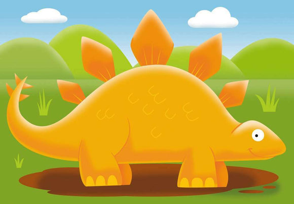 MFP Jolly Dinos Jigsaw Puzzle by Ravensburger featuring colorful cartoon dinosaurs in a vibrant landscape. The illustration shows a friendly yellow stegosaurus in a playful setting with green hills and blue skies. Ideal for young children to develop problem-solving skills and creativity.