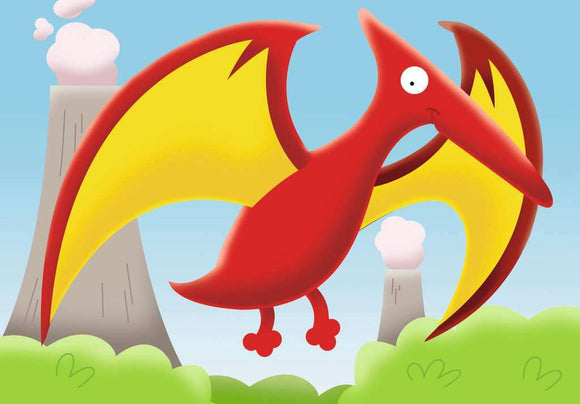 A colorful jigsaw puzzle featuring a whimsical red pterodactyl with yellow wings flying over a green landscape with cartoonish volcanoes and clouds. Ideal for children and dinosaur enthusiasts.
