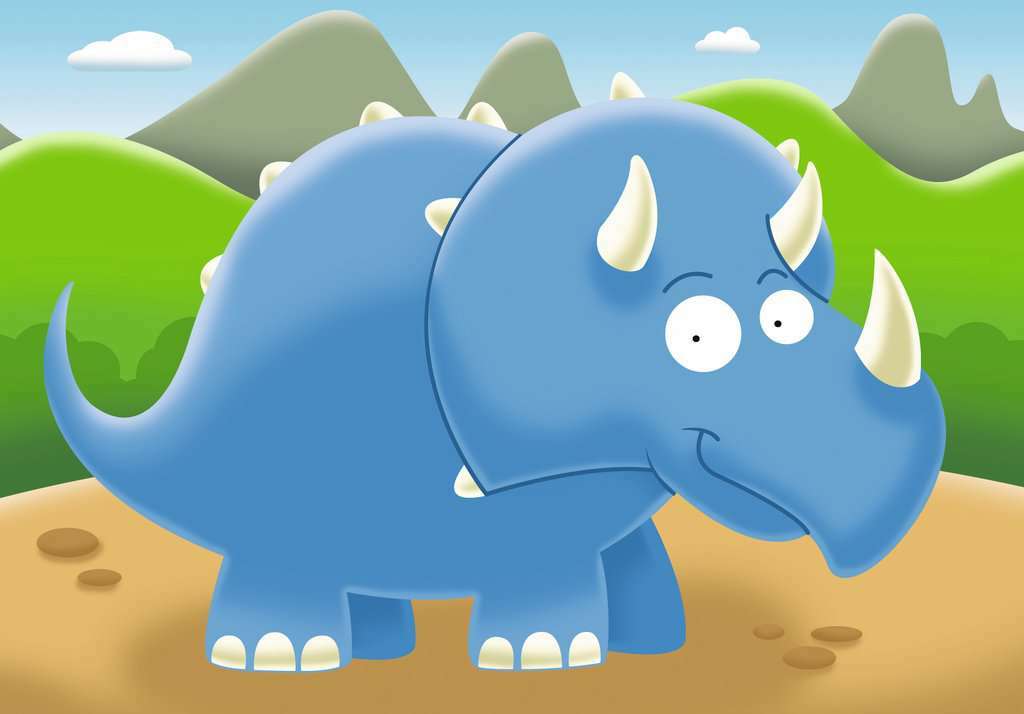 A colorful jigsaw puzzle featuring a friendly blue dinosaur standing on a sandy ground with green mountains and trees in the background. The dinosaur has large friendly eyes and playful expressions, ideal for young children.