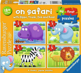MFP On Safari jigsaw puzzle by Ravensburger featuring four chunky pieces illustrating a purple hippopotamus in water, a friendly elephant, a zebra with black and white stripes, and a lion in tall grass. Each piece is labeled with its puzzle number (2, 3, 4, and 5) for easy identification. Suitable for children 18 months and older.