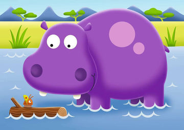 A colorful illustration featuring a large, friendly purple hippopotamus standing in a body of water, with green trees and distant mountains in the background. A small brown log floats nearby with a cute, cartoonish beetle on it, adding a playful touch to the scene. This jigsaw puzzle design evokes a whimsical safari theme, perfect for children and families.