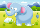 A colorful and playful illustration of a blue cartoon elephant in a lush green landscape. The elephant, with large ears and a cheerful expression, stands on vibrant grass with mountains and clouds in the background. Ideal for a jigsaw puzzle theme.