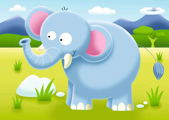 A colorful and playful illustration of a blue cartoon elephant in a lush green landscape. The elephant, with large ears and a cheerful expression, stands on vibrant grass with mountains and clouds in the background. Ideal for a jigsaw puzzle theme.