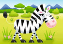 A whimsical illustration of a cartoon zebra with a smiling face, standing on a grassy field surrounded by green trees and mountains in the background. The zebra features bold black and white stripes and is depicted in a playful, friendly style, perfect for kids.