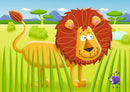 Colorful jigsaw puzzle featuring a cartoon lion standing in a lush green safari landscape, with a cute bug nearby and mountains in the background.