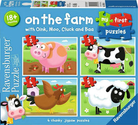 MFP On The Farm jigsaw puzzle set by Ravensburger featuring 4 chunky puzzles with playful farm animal designs including a pig, cow, chicken, and sheep. Suitable for children aged 18 months and above, designed to promote early learning and fine motor skills.