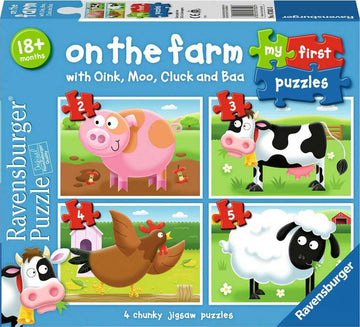 MFP On The Farm jigsaw puzzle set by Ravensburger featuring 4 chunky puzzles with playful farm animal designs including a pig, cow, chicken, and sheep. Suitable for children aged 18 months and above, designed to promote early learning and fine motor skills.