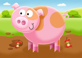 Colorful jigsaw puzzle image featuring a cute, cartoon-style pig with pink and brown spots, standing in a farmyard setting surrounded by green fields, trees, and bite-sized apple cores.