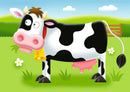 A vibrant illustration of a cartoon cow standing in a green field with flowers, featuring big eyes, a bell around its neck, and a playful expression.