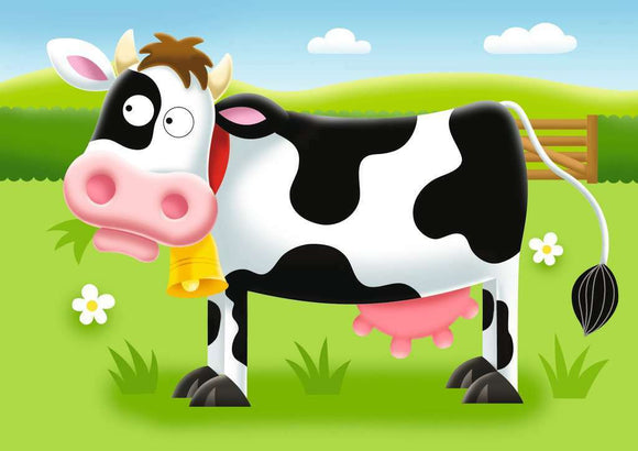 A vibrant illustration of a cartoon cow standing in a green field with flowers, featuring big eyes, a bell around its neck, and a playful expression.