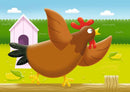 MFP On The Farm jigsaw puzzle featuring a whimsical, cartoon-style hen with wings spread, set against a bright farm background with a chicken coop and green foliage. Ideal for kids and puzzle enthusiasts, promoting creativity and fun.