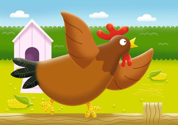 MFP On The Farm jigsaw puzzle featuring a whimsical, cartoon-style hen with wings spread, set against a bright farm background with a chicken coop and green foliage. Ideal for kids and puzzle enthusiasts, promoting creativity and fun.