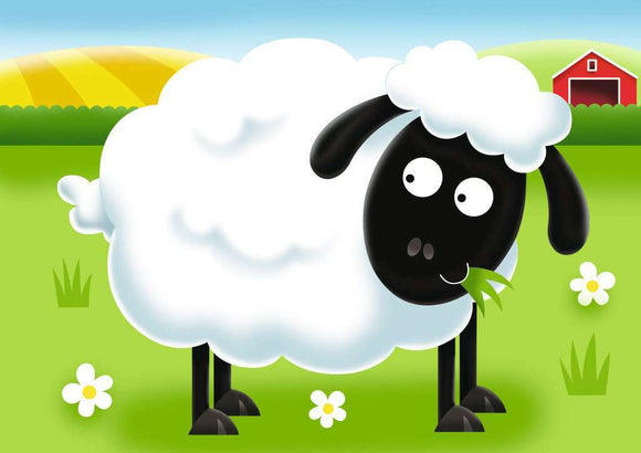 Colorful jigsaw puzzle featuring a cute cartoon sheep grazing on grass with flowers and a barn in the background, inspired by farm life. The puzzle is available in 2 to 5 pieces for varying skill levels.