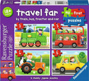 Ravensburger MFP Travel Far jigsaw puzzle, featuring four chunky puzzles depicting transportation by train, bus, tractor, and car. Designed for children 18 months and older, the colorful illustrations engage young minds in learning about different modes of travel.