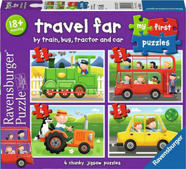 Ravensburger MFP Travel Far jigsaw puzzle, featuring four chunky puzzles depicting transportation by train, bus, tractor, and car. Designed for children 18 months and older, the colorful illustrations engage young minds in learning about different modes of travel.