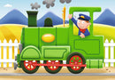 Vibrant jigsaw puzzle featuring a cheerful cartoon train being driven by a smiling conductor. The train is green with red wheels, set against a scenic background of rolling hills and blue mountains under a bright blue sky. Smoke is billowing from the chimney, adding a whimsical touch to the playful design.