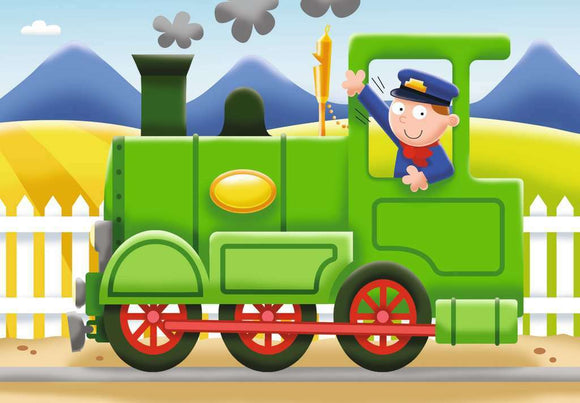 Vibrant jigsaw puzzle featuring a cheerful cartoon train being driven by a smiling conductor. The train is green with red wheels, set against a scenic background of rolling hills and blue mountains under a bright blue sky. Smoke is billowing from the chimney, adding a whimsical touch to the playful design.